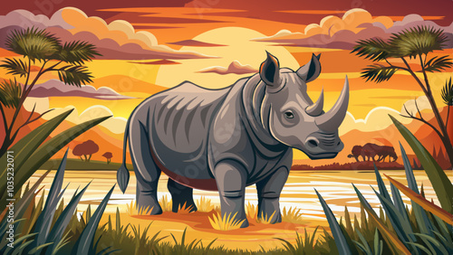 rhinoceros vector in the african national park stands in savuti marsh, wildlife landscape