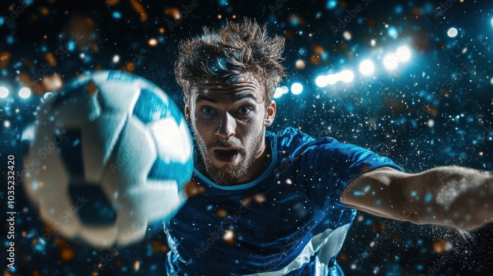 Dynamic image of focused man, determined handball player in motion, reaching towards the ball during intense match against dark background. Dynamic image of focused man, determined handball player in motion, reaching towards the ball during intense match against dark background.