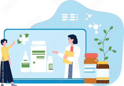 Doctor help woman with herbal and homeopathic drugs. Alternative medicine