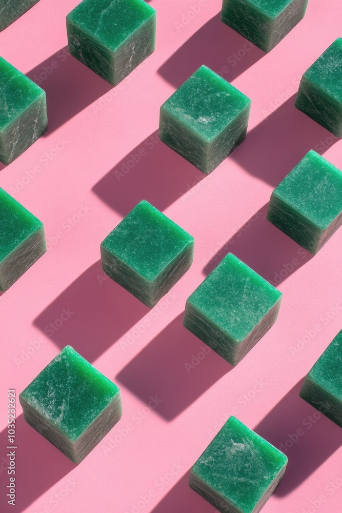 A collection of green cubes arranged on a pink surface, great for highlighting or organizing ideas A collection of green cubes arranged on a pink surface, great for highlighting or organizing ideas