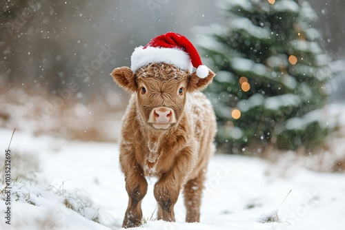 Highland Calf Wearing Santa Hat in Snowy Winter Scene