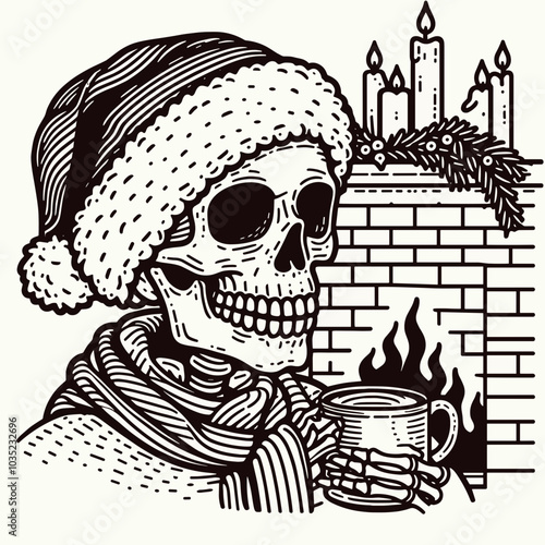 A whimsical skeleton wearing a Santa hat enjoys a warm drink by a cozy fireplace decorated for the holidays, creating a playful holiday vibe.