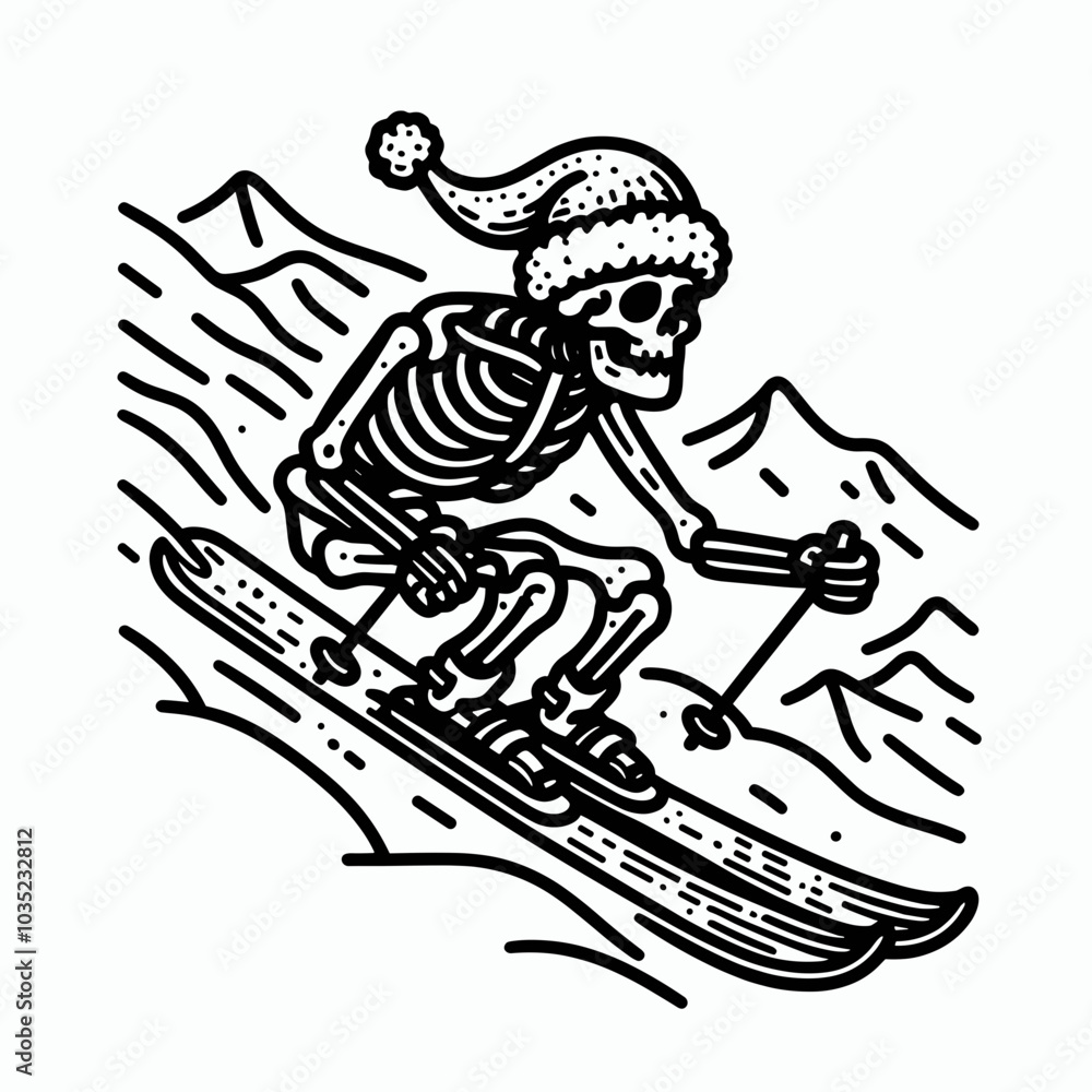 Fototapeta premium A whimsical illustration of a skeleton wearing a Santa hat skiing down snowy mountains.