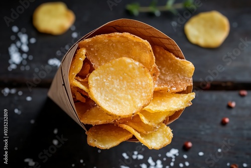 Salted Potato Chips in Paper Cone – Crispy Snack on Rustic Background photo