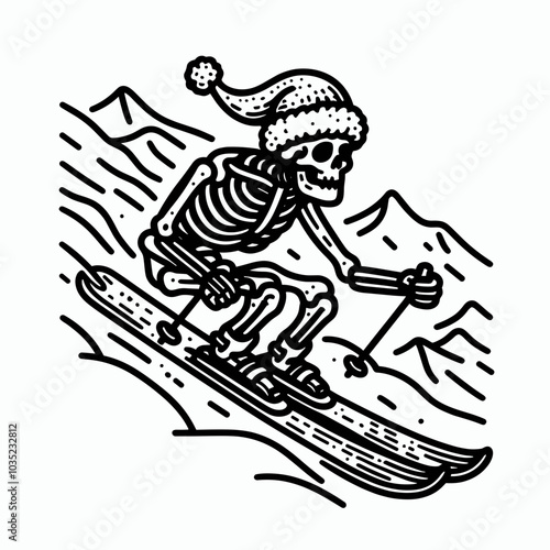 A whimsical illustration of a skeleton wearing a Santa hat skiing down snowy mountains.