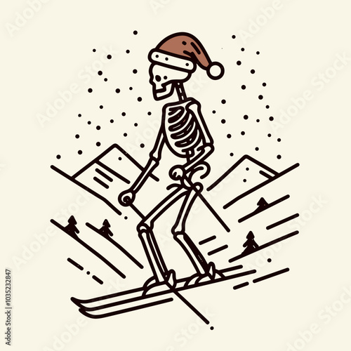 A whimsical illustration of a skeleton skiing in a snowy landscape, wearing a Santa hat, celebrating the festive winter spirit.