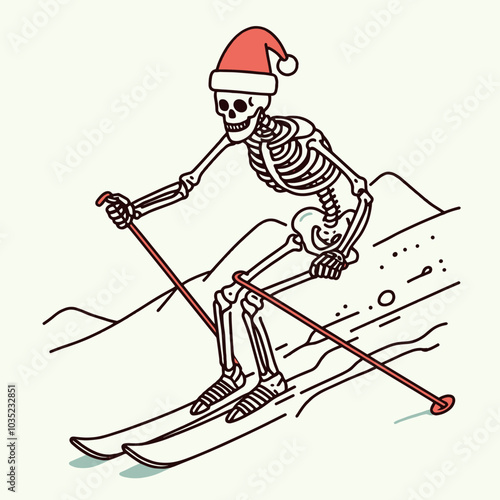 A whimsical illustration of a skeleton skiing downhill, adorned with a Santa hat, combining holiday cheer and winter sports.