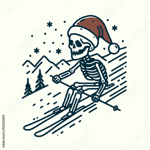 A cartoon skeleton skiing down snowy mountains, wearing a festive Santa hat, surrounded by snowflakes and pine trees.