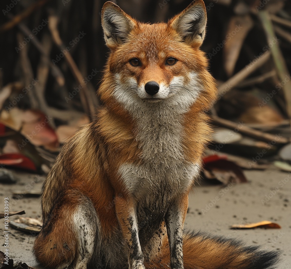 Fototapeta premium A curious fox sits quietly among muddy terrain in a lush forest during autumn