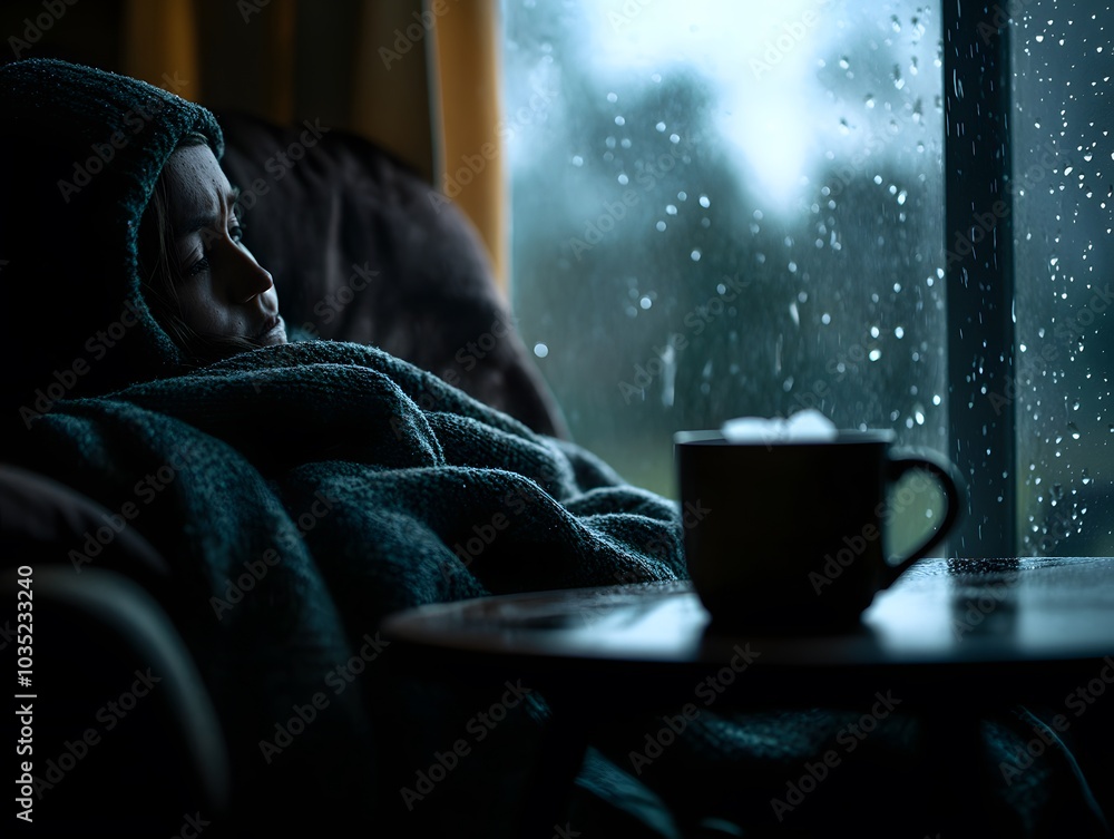 Woman wrapped in a blanket by a window Woman wrapped in a blanket by a window