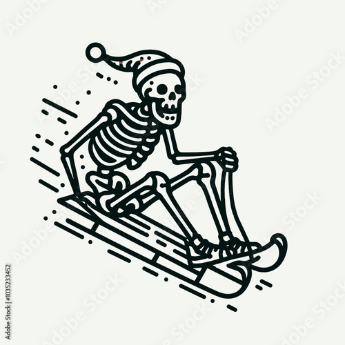 A playful illustration of a skeleton wearing a Santa hat, joyfully sledding down a snowy slope.