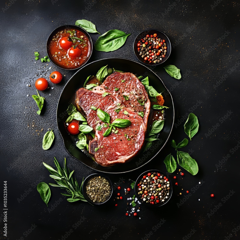 Raw Ribeye Steak with Spices, Rosemary, and Tomatoes, Overhead View on Dark Background Raw Ribeye Steak with Spices, Rosemary, and Tomatoes, Overhead View on Dark Background