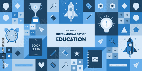 Education Day background design with light bulbs, books, stars, rockets, and more. Vector illustration.