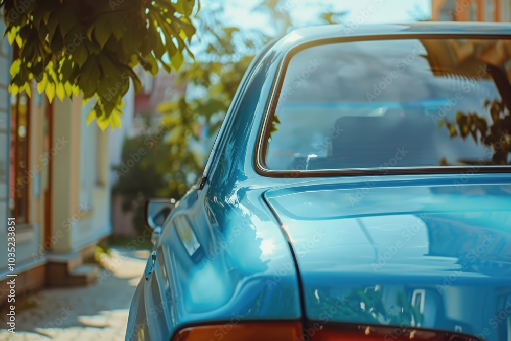 A blue car parked on the side of the road, suitable for use in travel, transportation or roadside themes A blue car parked on the side of the road, suitable for use in travel, transportation or roadside themes