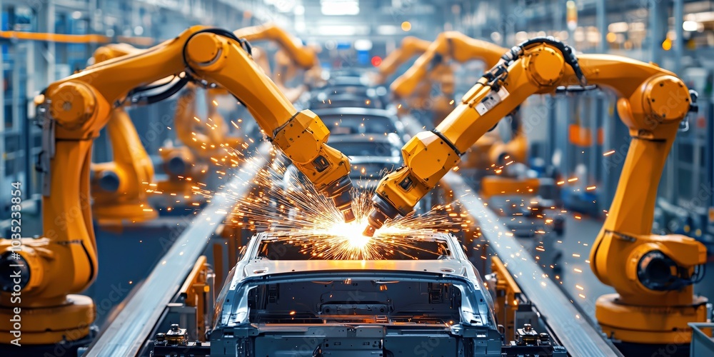 robotic arms in an automotive factory welding metal car parts with bright sparks robotic arms in an automotive factory welding metal car parts with bright sparks
