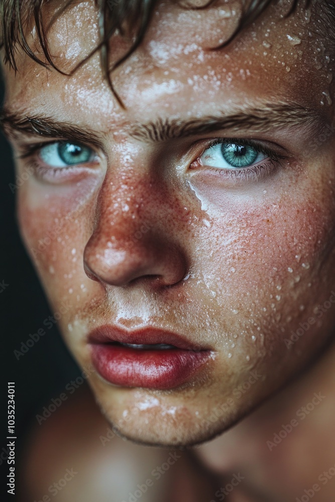 Close-up shot of a person's face with water droplets, perfect for representing a refreshing moment or a sudden splash Close-up shot of a person's face with water droplets, perfect for representing a refreshing moment or a sudden splash