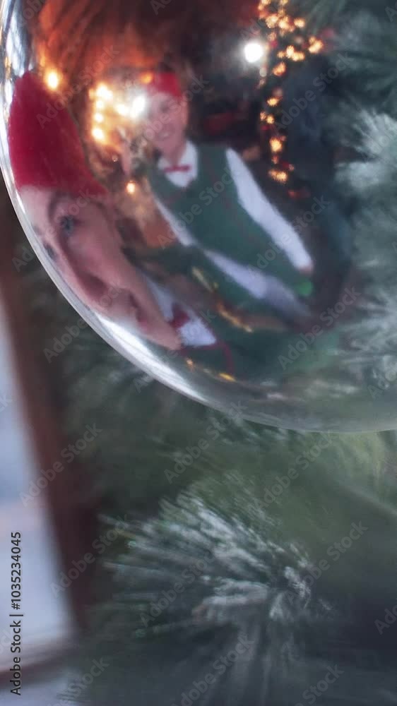 Funny girl elf in a red hat looks in a New Year s ball playing with its reflection. Residence of Santa Claus. Vertical video. Funny girl elf in a red hat looks in a New Year s ball playing with its reflection. Residence of Santa Claus. Vertical video.