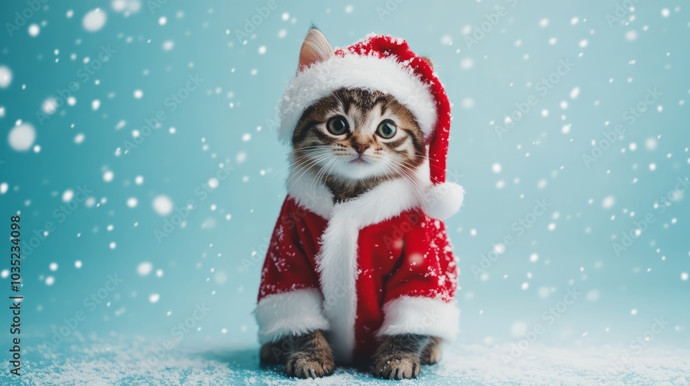 Cute Kitten in Santa Costume Sitting in Snow – Adorable Christmas Holiday Scene. Cute Kitten in Santa Costume Sitting in Snow – Adorable Christmas Holiday Scene.
