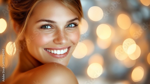 Portrait of a Smiling Woman with Blonde Hair and Blue Eyes Against a Bokeh Background