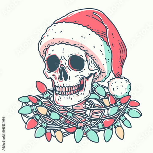 A festive skull wearing a Santa hat, wrapped in colorful Christmas lights, blending holiday cheer with a spooky vibe.