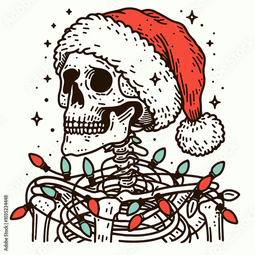 A festive skeleton wearing a Santa hat, adorned with colorful Christmas lights, combining holiday cheer with a playful twist on traditional imagery.