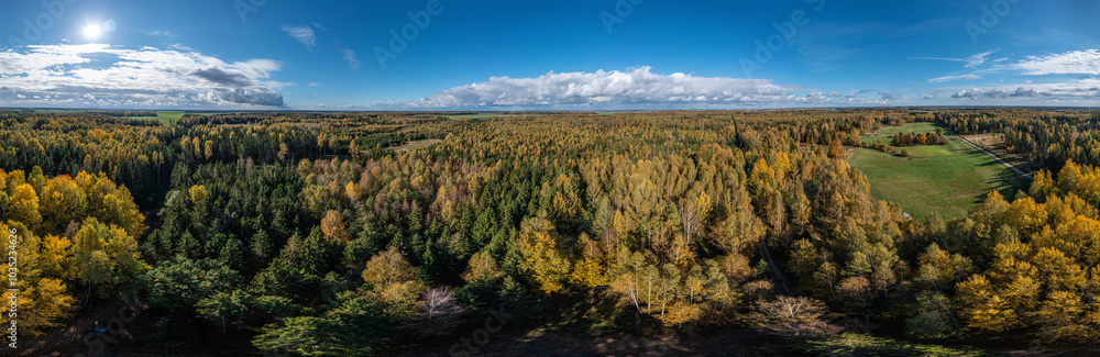 Aerial view 360 panorama of rural wooded area on sunny autumn day Aerial view 360 panorama of rural wooded area on sunny autumn day