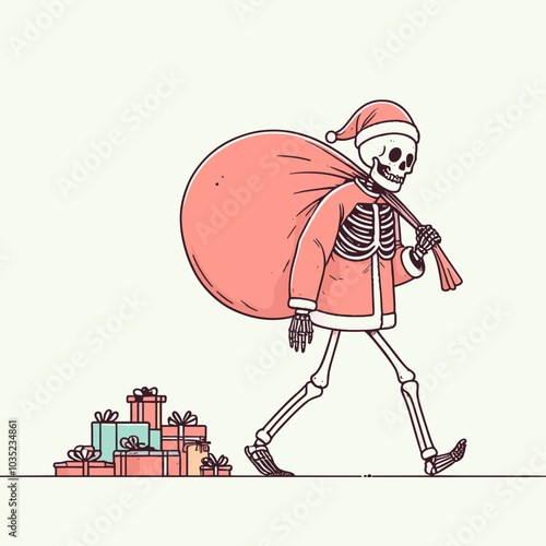 A cheerful skeleton dressed as Santa carries a large sack of gifts, with colorful presents stacked beside it, creating a whimsical holiday scene.