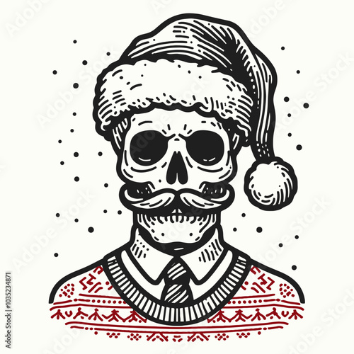 A whimsical illustration of a skull wearing a Santa hat and a festive sweater, combining elements of Christmas and gothic aesthetics.