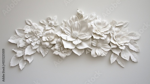 A stunning white floral wall art installation featuring delicate, three-dimensional flowers and leaves crafted from a single tone. The intricate design showcases an elegant and minimalist aesthetic