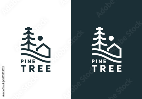 simple pine tree with house logo. real estate, forest, natural wood vector design template