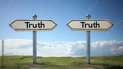 Two signs labeled "Truth", pointing in opposite directions against clear sky background