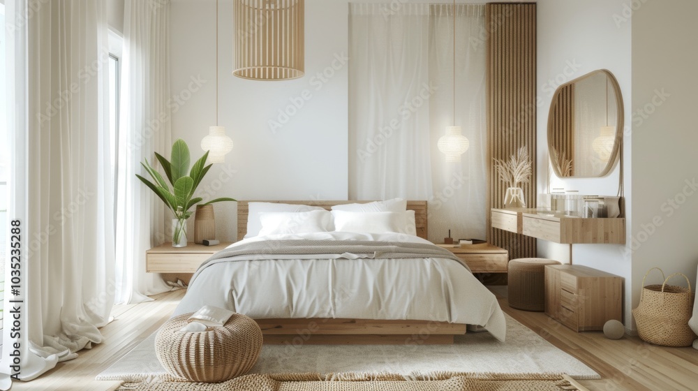 A coastal zen Scandinavian bedroom with a double bed, a minimalist headboard A coastal zen Scandinavian bedroom with a double bed, a minimalist headboard