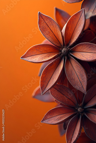 A close-up of brownish star-shaped flowers against a vibrant orange background, highlighting their unique petal structure.