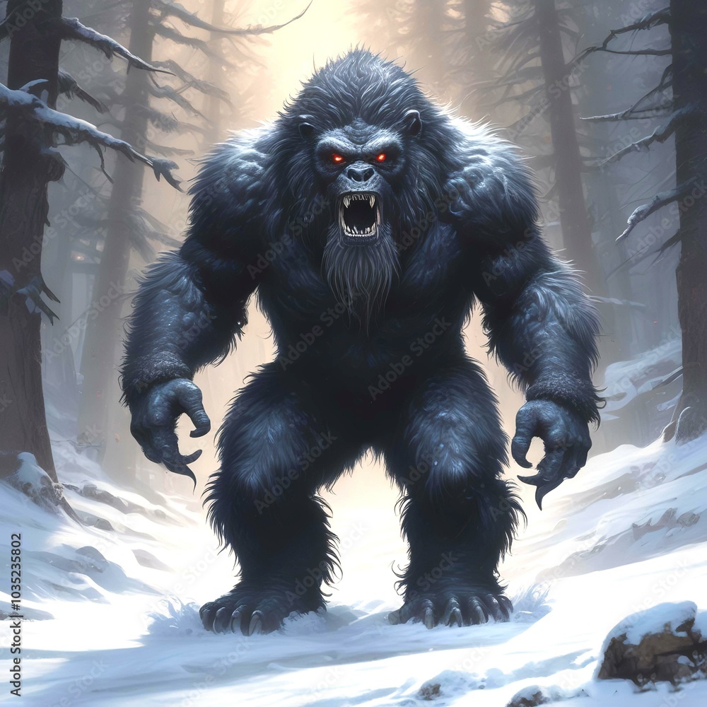 Fototapeta premium Illustration of dark bigfoot in winter woods.