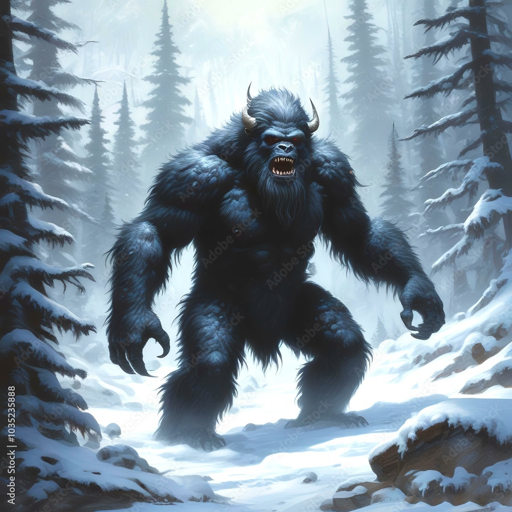 Fototapeta premium Illustration of dark bigfoot in winter woods.