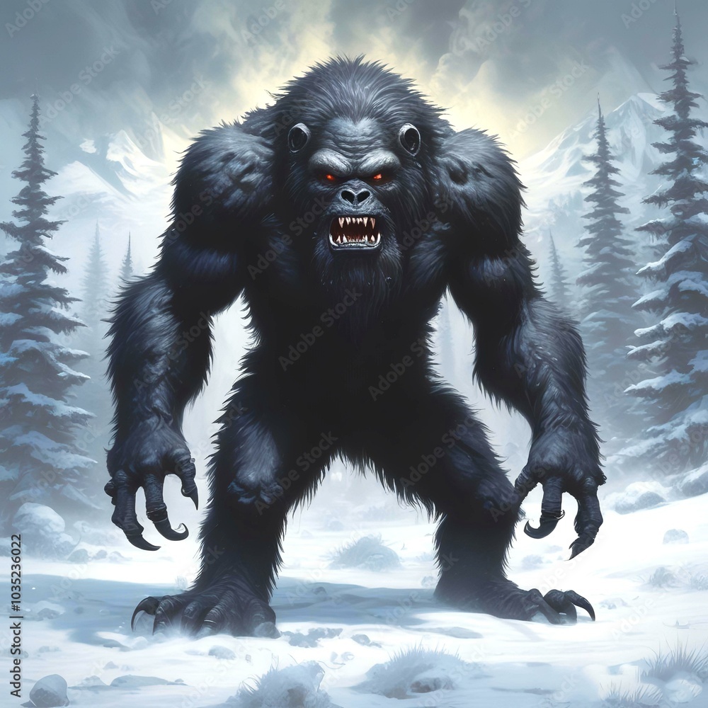 Fototapeta premium Illustration of dark bigfoot in winter woods.