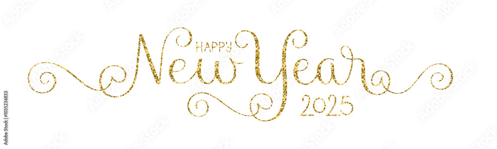 HAPPY NEW YEAR 2025 gold glitter vector brush calligraphy banner on white background HAPPY NEW YEAR 2025 gold glitter vector brush calligraphy banner on white background