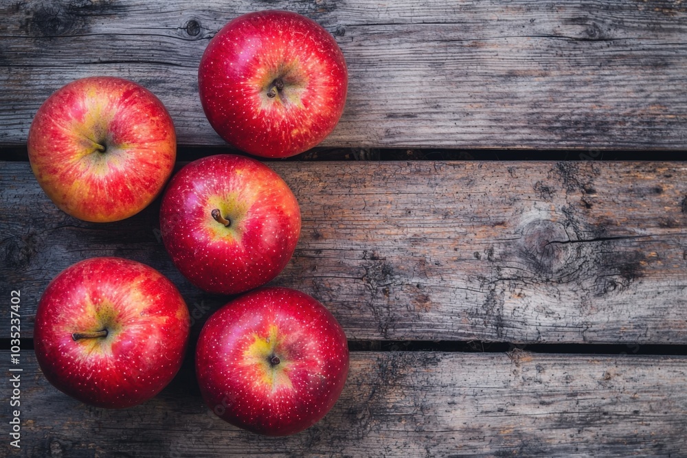 Freshly picked apples arranged on rustic wooden table in warm afternoon light Freshly picked apples arranged on rustic wooden table in warm afternoon light
