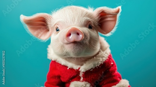 Piglet dressed in holiday attire against a celebratory blue backdrop.