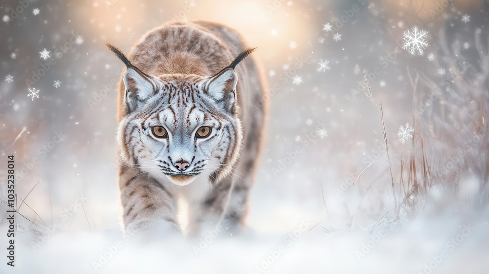 A snow lynx prowling through an icy forest, with snowflakes gently falling around it A snow lynx prowling through an icy forest, with snowflakes gently falling around it