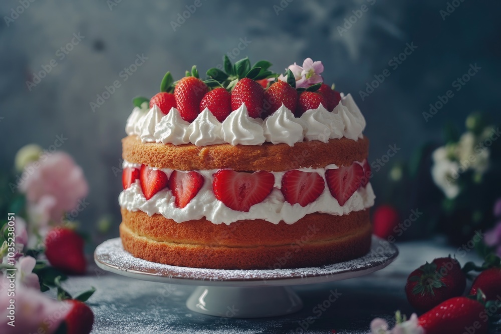 A delicious-looking strawberry cake with white frosting and fresh strawberries on top A delicious-looking strawberry cake with white frosting and fresh strawberries on top