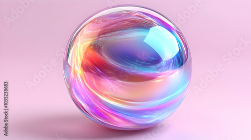 A Shiny, Reflective Sphere with Vibrant, Swirling Colors