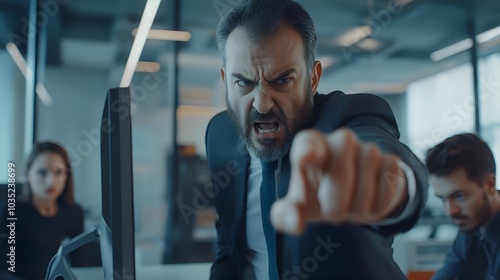 Angry manager yelling at employee. Bad temper bossy businessman frustrated with very furious angry face shouting pointing at office, frightened sad worker listening to his swearing background. photo