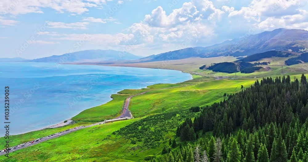 Aerial video of the beautiful Sayram Lake natural landscape in Xinjiang. Famous travel destination in China. Aerial video of the beautiful Sayram Lake natural landscape in Xinjiang. Famous travel destination in China.