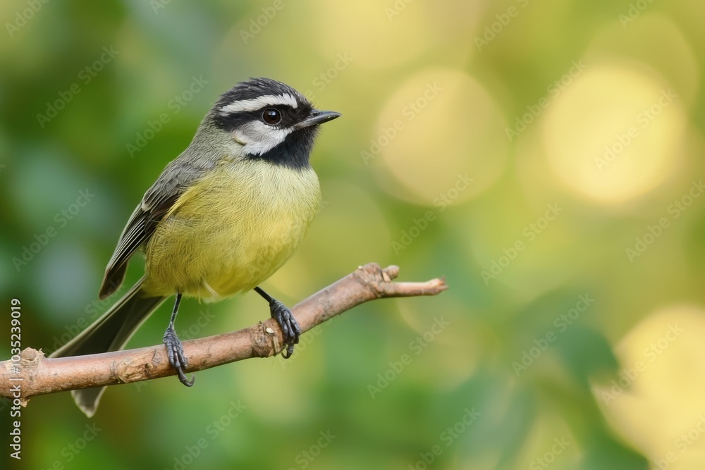 A vibrant yellow bird perched gracefully on a twig amidst a lush green background A vibrant yellow bird perched gracefully on a twig amidst a lush green background