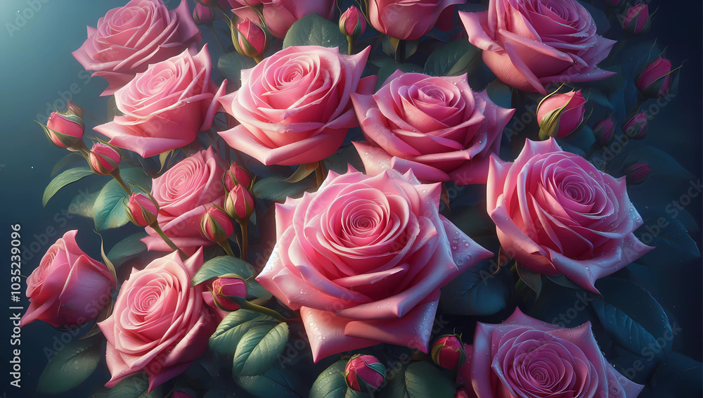 Pink Roses with Dew Drops in a Lush Garden Stunning Setting Pink Roses with Dew Drops in a Lush Garden Stunning Setting