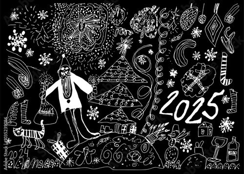 New year funny poster black and white hand drawn like kids scribble doodles. Naive scrabble style collection for selebration merry Christmas and happy new year. Vector illustration