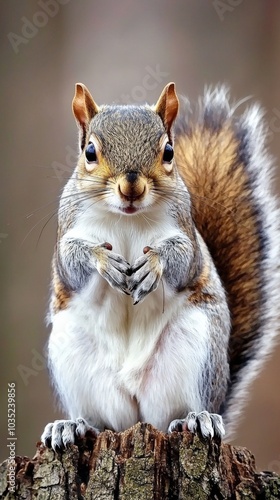 A curious squirrel perched on a tree stump in a tranquil forest setting during autumn