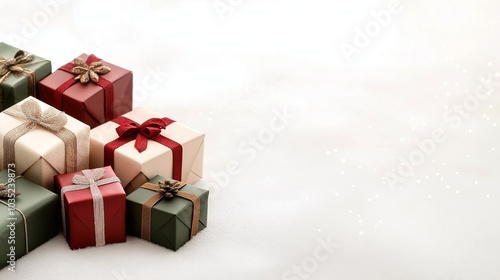 An elegant arrangement of Christmas gift boxes in green, red, and cream, beautifully tied with bows and set on snow, creating a festive and minimalistic holiday scene