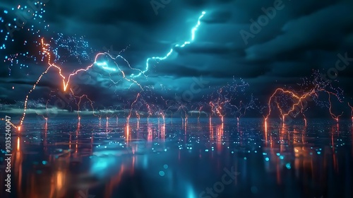 A stunning display of lightning illuminating the night sky above a calm water surface, showcasing vibrant blue and orange hues with dramatic cloud formations. photo